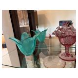 Vintage Art Glass Vase & Pink Ruffled Pedestal Compote Bowl