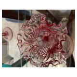 Vintage Art Glass Vase & Pink Ruffled Pedestal Compote Bowl