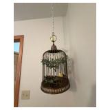 Decorative Hanging Copper-Tone Birdcage with Faux Ivy & Bird Cage Accent Pillow