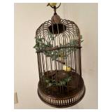 Decorative Hanging Copper-Tone Birdcage with Faux Ivy & Bird Cage Accent Pillow