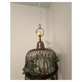 Decorative Hanging Copper-Tone Birdcage with Faux Ivy & Bird Cage Accent Pillow