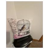 Decorative Hanging Copper-Tone Birdcage with Faux Ivy & Bird Cage Accent Pillow