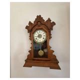 Antique Victorian Oak Gingerbread Kitchen Mantel Clock w/ Pendulum