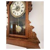 Antique Victorian Oak Gingerbread Kitchen Mantel Clock w/ Pendulum