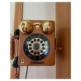 Vintage Style Limited Edition Wooden Wall Telephone Brass Bells Rotary Look