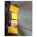 Box Lot of Assorted Pry Bars, Hand Saws & Plastic Wheel Chocks