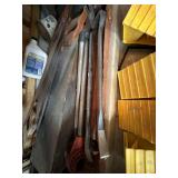 Box Lot of Assorted Pry Bars, Hand Saws & Plastic Wheel Chocks