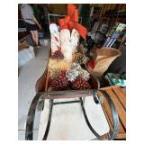 Vintage-Style Woven Wicker Christmas Sleigh with Birch Logs and Decor