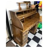 Vintage Oak Rolltop Desk with Drawers & Cubby Organizer 50x22x48