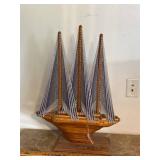 Vintage Wooden Sailboat Sculpture String Sail Nautical Decor 27in