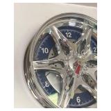 Chrome Car Wheel Rim Style Wall Clock Blue Dial Brake Rotor Design