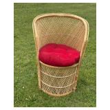 Vintage Rattan Wicker Barrel Tub Chair w/ Red Cushion Seat