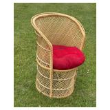 Vintage Rattan Wicker Barrel Tub Chair w/ Red Cushion Seat