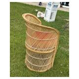 Vintage Rattan Wicker Barrel Tub Chair w/ Red Cushion Seat