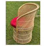 Vintage Rattan Wicker Barrel Tub Chair w/ Red Cushion Seat