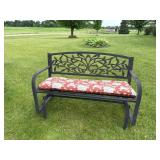 Black Metal Patio Glider Bench w/ Leaf Vine Back & Seat Cushion