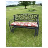 Black Metal Patio Glider Bench w/ Leaf Vine Back & Seat Cushion