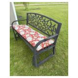 Black Metal Patio Glider Bench w/ Leaf Vine Back & Seat Cushion