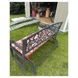 Black Metal Patio Glider Bench w/ Leaf Vine Back & Seat Cushion