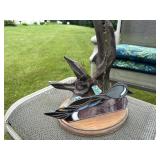 Handmade Driftwood & Stained Glass Bird Sculpture on Wood Base