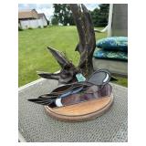 Handmade Driftwood & Stained Glass Bird Sculpture on Wood Base