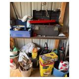 Box Lot of Assorted Garage Tools Garden Supplies & Storage Totes