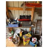 Box Lot of Assorted Garage Tools Garden Supplies & Storage Totes