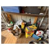 Box Lot of Assorted Garage Tools Garden Supplies & Storage Totes
