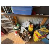 Box Lot of Assorted Garage Tools Garden Supplies & Storage Totes