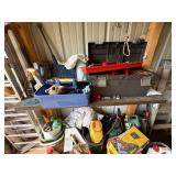 Box Lot of Assorted Garage Tools Garden Supplies & Storage Totes
