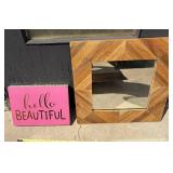 Parquet Wood Square Mirror & Pink 'Hello Beautiful' Sign *S