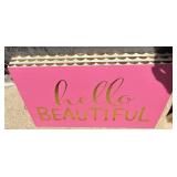 Parquet Wood Square Mirror & Pink 'Hello Beautiful' Sign *S