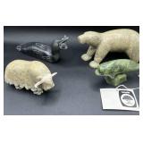 Hand Made Canadian Inuk Eskimo SoapStone Art Animals - Polar Bear,Yak , Loon and Whale