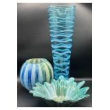 Beautiful Blue Handblown Glass Collection of Venetian Glass Vase 15.75', Striped Rose Bowl 6' H and Turkish Luster Glass Bowl 9' W