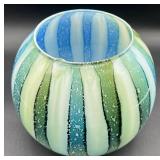 Beautiful Blue Handblown Glass Collection of Venetian Glass Vase 15.75', Striped Rose Bowl 6' H and Turkish Luster Glass Bowl 9' W