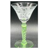 Vintage Green Uranium Glass Flower Etched Braided Stem Cocktail Glasses -Set of 5
