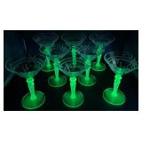 Vintage Green Uranium Glass Flower Etched Braided Stem Champagne/Tall Sherbet Glasses -Set of 8 - 5.75' H