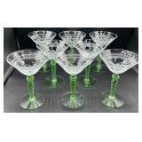 Vintage Green Uranium Glass Flower Etched Braided Stem Champagne/Tall Sherbet Glasses -Set of 8 - 5.75' H