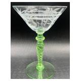 Vintage Green Uranium Glass Flower Etched Braided Stem Champagne/Tall Sherbet Glasses -Set of 8 - 5.75' H