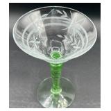 Vintage Green Uranium Glass Flower Etched Braided Stem Champagne/Tall Sherbet Glasses -Set of 8 - 5.75' H