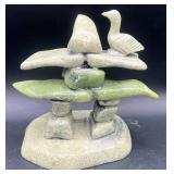Hand Sculpted Inuit Eskimo Native American & Ultima Thula Greenland Carving of Bears and Stacked Stone with Jade and Nephrite