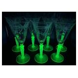 Uranium Glass Floral Etched Tall Wine Glasses - Set of 7