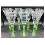 Uranium Glass Floral Etched Tall Wine Glasses - Set of 7