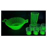 Vintage Uranium Glass Collection of Double Handled Woven Basket, Tumbler, and 6 Cordial Glasses