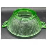 Vintage Uranium Glass Collection of Double Handled Woven Basket, Tumbler, and 6 Cordial Glasses