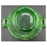 Vintage Uranium Glass Collection of Double Handled Woven Basket, Tumbler, and 6 Cordial Glasses