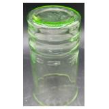 Vintage Uranium Glass Collection of Double Handled Woven Basket, Tumbler, and 6 Cordial Glasses