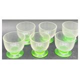 Vintage Uranium Glass Collection of Double Handled Woven Basket, Tumbler, and 6 Cordial Glasses