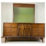 Broyhill Walnut Brasilia 9 Drawer Lowboy Dresser with Mirror
