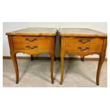 Pair of Vintage Hammary French Provincial Accent Side Tables with Inlayed Leather Top & Front Drawer